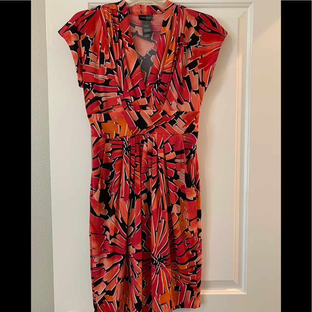 Red, orange and black pattern dress